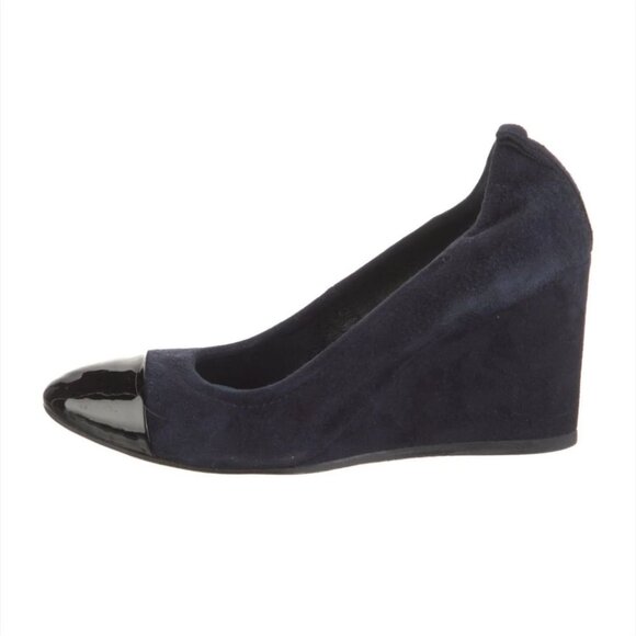 LANVIN | Navy suede wedge pumps with Black patent leather cap toes Sz 38 - Picture 1 of 6